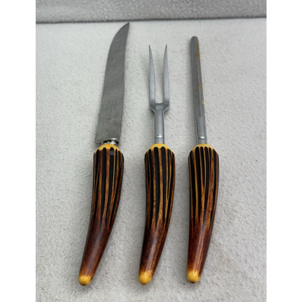 VTG Sheffield England Carving Knife Fork Set Faux Horn Handle Stainless READ